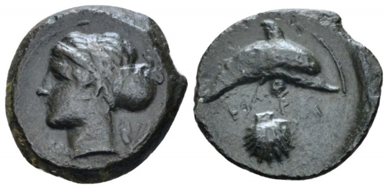 Sicily, Syracuse Hemilitron circa 405, Æ 18.2mm., 3.28g. Head of Arethusa l., ha...