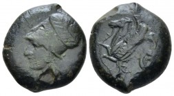 Sicily, Syracuse Litra end of V century, Æ 18mm., 8.75g. Head of Athena l., wearing corinthian helmet with laurel wreath. Rev. Hippocamp bridled with ...