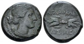 Sicily, Syracuse Bronze circa 295-289, Æ 21mm., 10.28g. Head of Artemis Soteria r., quiver over shoulder. Rev. Winged thunderbolt. SNG ANS 708. Calcia...