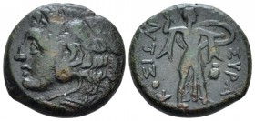 Sicily, Pyrrhus, 278-276. Syracuse Bronze circa 278-276, Æ 20mm., 7.56g. Head of Heracles l., wearing lion-skin headdress. Rev. Athena standing r., br...