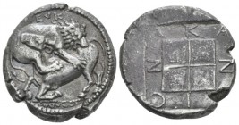 Macedonia, Acanthus Tetradrachm circa 424-380, AR 23.5mm., 13.66g. EVK Lion r., attacking bull kneeling to l. and biting into his hind quarters. Rev. ...