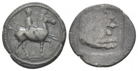 Kingdom of Macedon, Perdiccas II, 454-413 Tetrobol circa 443-437, AR 15mm., 2.57g. Rider on trotting horse r., holding two spears. Rev. Forepart of li...