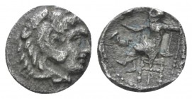 Kingdom of Macedon, Susa Obol circa 311-305, AR 8mm., 0.51g. Head of Heracles r., wearing lion skin. Rv. Zeus enthroned l., holding sceptre and eagle;...