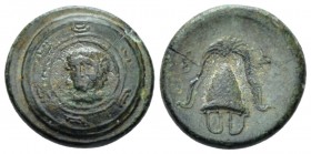 Kingdom of Macedon, Antigonos II Gonatas, 277 – 239 Bronze circa 277-239, Æ 15mm., 3.56g. Head of Herakles l., in the center of a Macedonian shield, w...