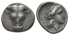 Phocis, Phokian League Triobol circa 357-354, AR 11mm., 2.67g. Frontal bull’s head. Rev. Head of Apollo r. Williams 322. BCD Lokris-Phokis 281.1 (this...