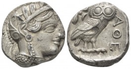 Attica, Athens Tetradrachm circa 450, AR 24mm., 17.17g. Head of Athena r., wearing Attic helmet decorated with olive wreath and palmette. Rev. Owl sta...
