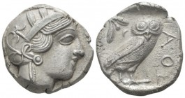 Attica, Athens Tetradrachm circa 450, AR 24mm., 16.54g. Head of Athena r., wearing Attic helmet decorated with olive wreath and palmette. Rev. Owl sta...
