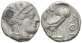 Attica, Athens Tetradrachm circa 450, AR 24mm., 17.05g. Head of Athena r., wearing Attic helmet decorated with olive wreath and palmette. Rev. Owl sta...