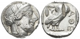 Attica, Athens Tetradrachm after 449, AR 23mm., 17.21g. Head of Athena r., wearing Attic helmet decorated with olive leaves and palmette. Rev. Owl sta...