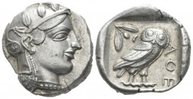 Attica, Athens Tetradrachm circa 455, AR 23.5mm., 17.20g. Head of Athena r., wearing crested helmet decorated with olive leaves and spiral palmette. R...
