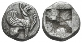 Ionia, Teos Triobol circa 510-475, AR 13mm., 2.86g. Triobol circa 510-475, AR 13mm, 2.86 g. Griffin seated r., with l. forepaw raised. Rev. Quadripart...