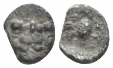 Caria, Mylasa Hemiobol circa 450-400, AR 9mm., 0.40g. Forepart of a lion facing. Rev. Scorpion to l., within an incuse square. Rosen 403 (uncertain. S...