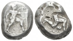 Pamphilia, Aspendos Stater circa 465-430, AR 14.8mm., 10.71g. Warrior advancing r., holding shield and sword; between legs, ivy leaf. Rev. Triskeles; ...