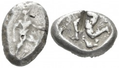 Pamphilia, Aspendus Stater circa 465-430, AR 21.8mm., 10.84g. Warrior, holding short sword and shield, advancing r.; uncertain object between legs. Re...