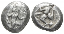 Pamphilia, Aspendos Stater circa 465-430, AR 15.6mm., 10.48g. Helmeted, nude hoplite advancing right, holding spear and round shield. Rev. Triskeles t...