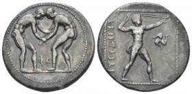 Pamphilia, Aspendos Stater circa 380-325, AR 24.1mm., 10.64g. Two wrestlers grappling; in lower middle field, ΠO. Rev. ΕΣΤΦΕΔΙΙΥΣ Slinger standing r.;...