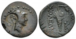 Cilicia, Soloi Bronze circa 4-350, Æ 18mm., 4.50g. Helemeted head of Athena r. Rev. Bunch of grapers. SNG Levante 848. SNG von Aulock –.Countermarked ...