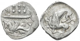 Phoenicia, Byblos Shekel circa 365-350, AR 25.7mm., 13.30g. Three hoplites on galley l.; below winged hippocamp l. Rev. Lion attacking bull. HGC 10, 1...