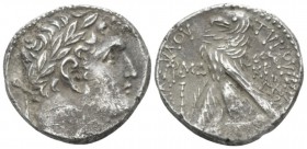 Phoenicia, Tyre Shekel circa 18-19 (year 144), AR 23.5mm., 10.71g. Laureate bust of Melkart r. Rev. ΤΥPΟΥ ΙΕΡΑΣ ΚΑΙ ΑΣΥΛΟΥ Eagle standing l. on prow, ...