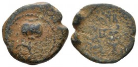 Judaea, Herod I (the Great), 40-4. Jerusalem or Sebaste (?) Prutah circa 38-37 (year 3), Æ 17.5mm., 3.12g. Poppy on stalk. Rev.Winged kerykeion; in l....