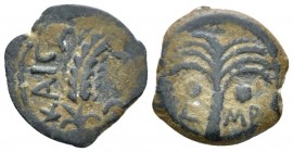 Judaea, M. Ambibulus, 9-12. Jerusalem Prutah circa 10-11 (year 41 of Augustus), Æ 17.4mm., 1.97g. Grain ear. Rev. Palm tree; in field, L–MA. Meshorer ...