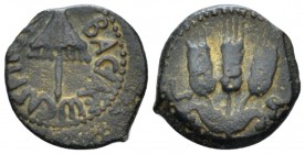 Judaea, Jerusalem Prutah circa, Æ 16.2mm., 2.59g. BACIΛЄWC AΓPIΠA Canopy. Rev. Three ears of corn; in field, L-Ϛ. RPC 4981. Hendin 1244.

Very Fine/...