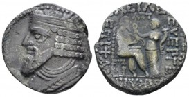 Parthia, Gotarzes II, 44-51. Seleukeia on the Tigris Tetradrachm circa 44-45, billon 24.8mm., 10.77g. Diademed bust l. Rev. Gotarzes seated r., receiv...