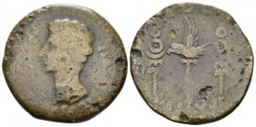 Hispania, Patricia Octavian as Augustus, 27 BC – 14 AD Dupondius circa 27 BC -14 AD, Æ 32.2mm., 15.00g. Bare head l. Rev. COLONIA PATRICIA Aquila betw...