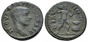 Thrace, Bizya Philip II Caesar, 244-247. Bronze circa 244-247, Æ 17.5mm., 2.92g. Bare head r. Rev. BIZVHN-ΩN Silenos standing r., pouring wine from wi...