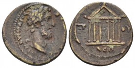 Bithynia, Prusa ad Olympum Commodus, 177-192 Bronze circa 191-192, Æ 17.9mm., 2.40g. Laureate head r. Rev. Temple with six columns. RPC IV.1 2978.

...