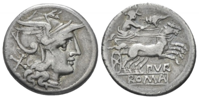 Furius Purpurio. Denarius circa 169-158, AR 18.5mm., 3.18g. Helmeted head of Rom...