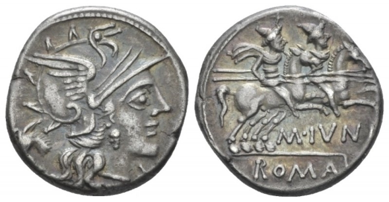 M. Iunius. Denarius circa 145, AR 17.5mm., 3.73g. Helmeted head of Roma r.; behi...