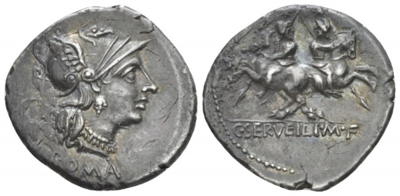 C. Serveilius M. f. Denarius circa 136, AR 21.5mm., 3.80g. Helmeted head of Roma...