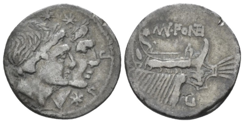 Mn. Fonteius. Denarius circa 108-107, AR 19.5mm., 3.15g. Jugate and laureate hea...