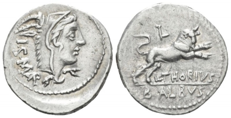 L. Thorius Balbus. Denarius 105, AR 3.87 g. Head of Juno Sospita r., wearing goa...