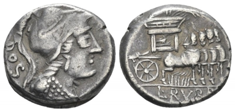 L. Rubrius Dossenus Denarius circa 87, AR 16.5mm., 3.34g. Helmeted bust of Miner...