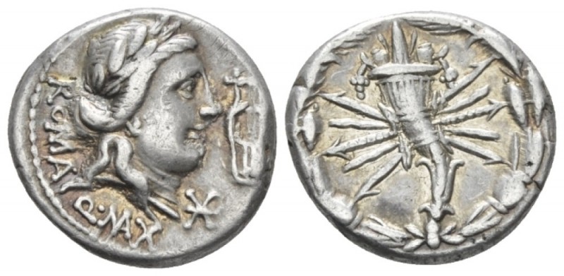 Q. Fabius Maximus. Denarius circa 82-80, AR 17mm., 3.86g. Laureate head of Apoll...