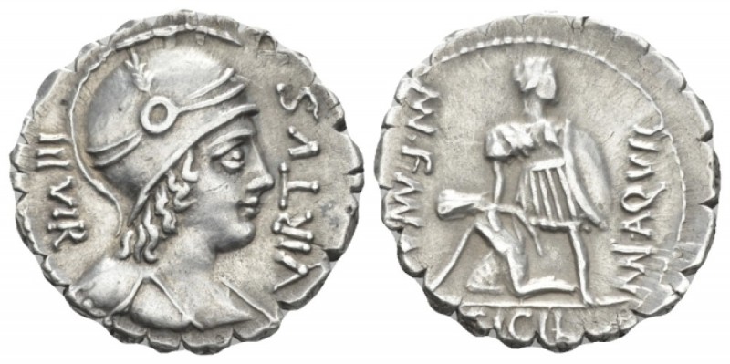 Mn. Aquillius. Denarius serratus 71, AR 20mm., 3.94g. VIRTVS – III VIR Helmeted ...