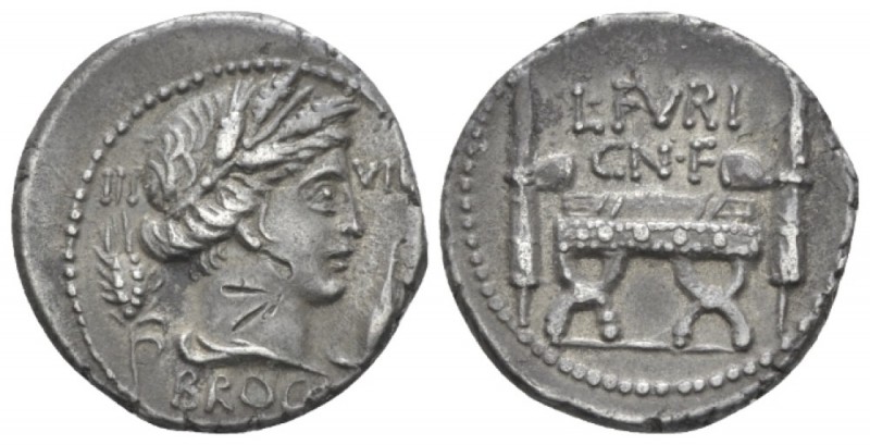 L. Furius Cn. f. Brocchus Denarius circa 63, AR 18.5mm., 3.87g. III – VIR Head o...