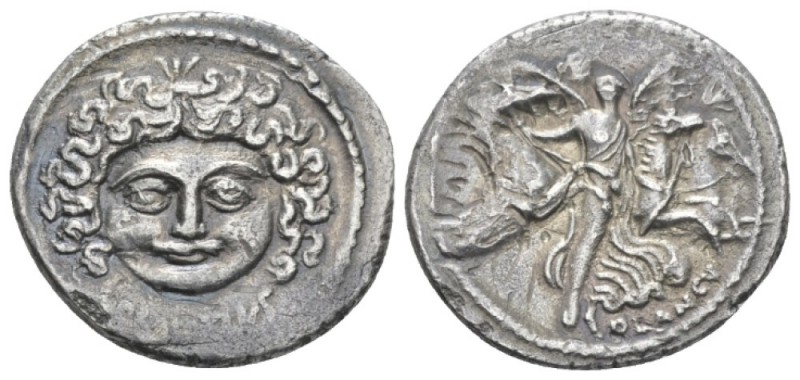 L. Plautius Plancus. Denarius circa 47, AR 19.5mm., 3.47g. Head of Medusa facing...