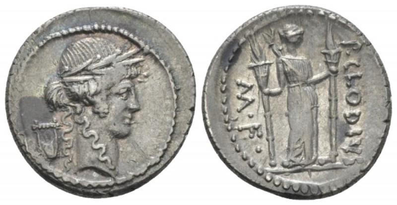 P. Clodius M. f. Turinus. Denarius circa 42, AR 18.5mm., 3.66g. Laureate head of...