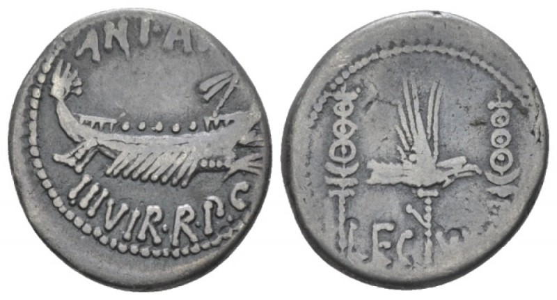 Marcus Antonius. Denarius mint moving with M. Antonius 32-31, AR 16.6mm., 3.67g....