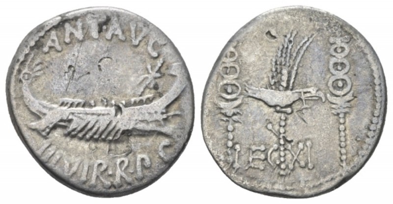 Marcus Antonius. Denarius mint moving with M. Antonius 32-31, AR 17.5mm., 3.22g....