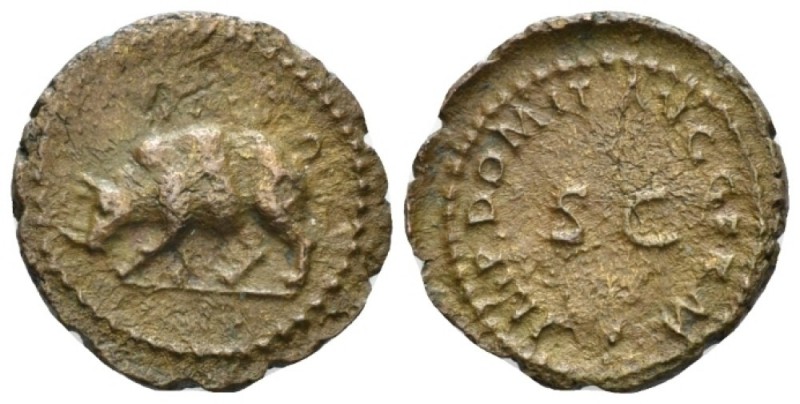 Domitian, 81-96 Quadrans 84-85, Æ 17.5mm., 2.13g. Rhinoceros l. Rev. IMP DOMIT A...