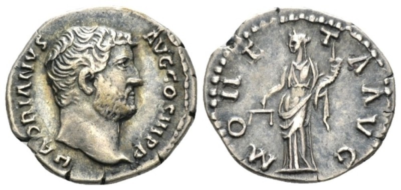 Hadrian, 117-138 Denarius circa 134-138, AR 18mm., 3.19g. Bare head r. Rev. Mone...