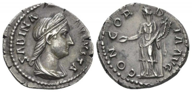 Sabina, wife of Hadrian Denarius circa 128 - 137, AR 18mm., 3.28g. Diademed and ...