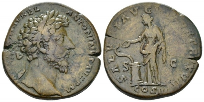 Marcus Aurelius, 161-180 Sestertius circa 161-162, Æ 30.4mm., 21.10g. IMP CAES M...