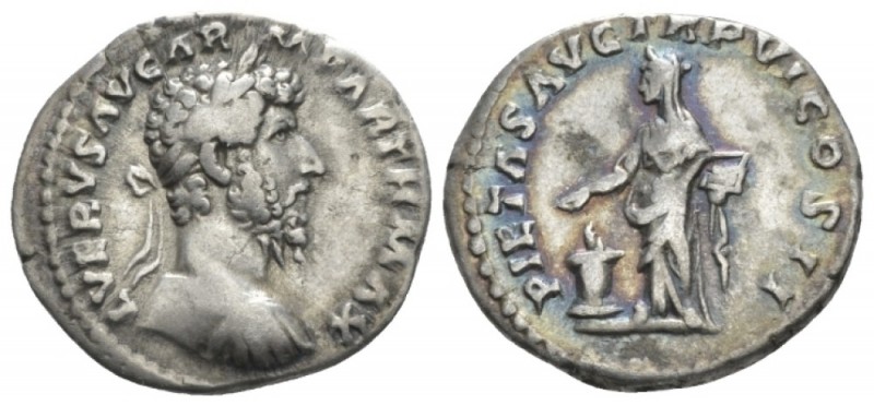 Lucius Verus, 161-169 Denarius circa 165, AR 18mm., 3.28g. Laureatde and cuirass...