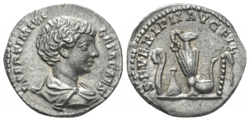 Geta Caesar, 198-209 Denarius circa 198-200, AR 18mm., 3.14g. Bareheaded and dra...