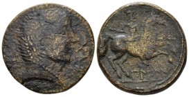 Hispania, Bilbilis Unit II-I cent., Æ 26.3mm., 11.27g. Male head right; dolphin to r. Rev. Horseman riding r., holding spear. CNH 11. SNG BM Spain 86....